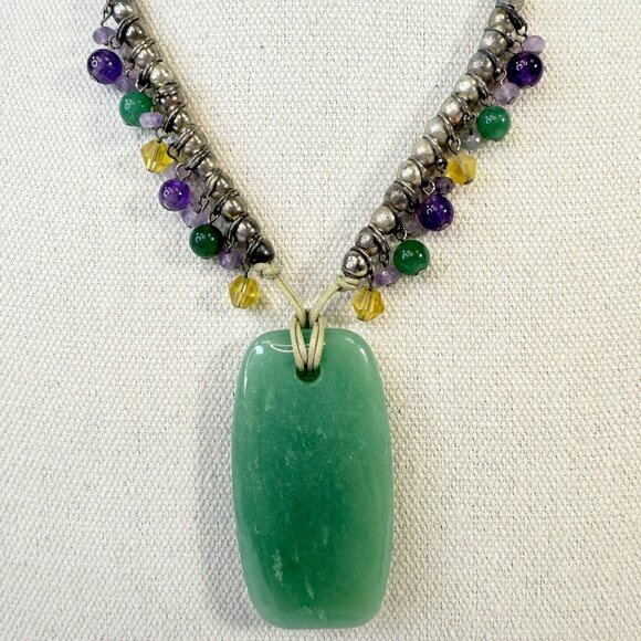 Green Stone Jewelry Set Corded Pendant Necklace Faceted Cut Stone Earrings - Picture 3 of 7